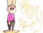  ambiguous_gender anthro barefoot belt bottomwear brooklyn_nine-nine clothed clothing dialogue disney english_text fully_clothed judy_hopps lagomorph leporid light lighting mammal mod_lemon pants purple_eyes rabbit shirt simple_background sketch solo standing text topwear white_background zootopia 