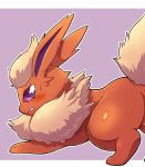  ambiguous_gender blush bodily_fluids ecru eeveelution feral flareon fur looking_at_viewer looking_back looking_pleasured nintendo orange_body orange_fur pok&eacute;mon pok&eacute;mon_(species) simple_background solo sweat tan_body tan_fur video_games 