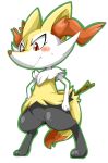  2013 anthro blush bodily_fluids braixen canid canine doneru female mammal nintendo pok&eacute;mon pok&eacute;mon_(species) pussy simple_background solo standing sweat video_games white_background 