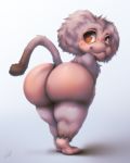  2019 anthro baboon big_butt bitfly blush brown_body brown_eyes brown_fur butt butt_focus digital_media_(artwork) fur gradient_background grey_body grey_fur hamadryas_baboon haplorhine hi_res looking_back male mammal monkey nude old_world_monkey primate raised_tail rear_view signature simple_background smile solo standing thick_thighs 