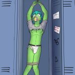  1:1 anthro avian balls bdsm beak bodily_fluids bondage bound clothed clothing duct_tape fuze genital_fluids hands_above_head hands_tied hi_res humanoid_penis jockstrap legs_tied locker male muzzle_(object) muzzled navel nipples partially_clothed penis penis_through_leghole poking_out precum shirt solo t-shirt tape topwear torn_clothing underwear 