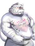  2017 absurd_res anthro blue_eyes blush bottomwear clothing felid fur grimoire_of_zero hi_res humanoid_hands japanese_text luluangel male mammal mercenary_(character) overweight overweight_male pantherine pants shirt solo text tiger topwear white_body white_fur 
