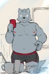  2019 anthro belly bodily_fluids canid canine canis clothing hi_res humanoid_hands male mammal moobs navel nipples overweight overweight_male phone shinki_k solo sweat underwear wolf 