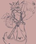  2019 ambiguous_gender belt boros_(salaciouslx) bottomwear canid canine chain clothing demon duo facial_markings fangs forked_tongue fox hands_behind_head head_markings hi_res horn kusarigama m&ouml;bius_(salaciouslx) male male/ambiguous mammal markings pants pubes reptile salaciouslx scalie signature simple_background sketch snake tongue tongue_out topwear vest weapon 
