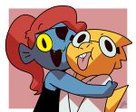  2019 alphys alternate_universe anthro blue_body blue_skin buckteeth child clothed clothing cute_fangs duo eye_patch eyewear fangs female fish glasses hair hug humanoid littletale lizard long_hair marine ponytail potoobrigham red_hair reptile scalie sharp_teeth smile teeth tongue tongue_out undertale undyne video_games yellow_sclera young 