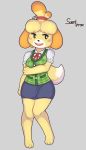  3_toes animal_crossing anthro barefoot blonde_hair breasts canid canine canis domestic_dog female fur grey_background hair hi_res isabelle_(animal_crossing) mammal nintendo shih_tzu signature simple_background solo suenbroe toes toy_dog video_games yellow_body yellow_fur 