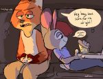  anthro bottomwear canid canine clothed clothing controller dialogue disney duo english_text food fox fully_clothed fur furniture gaming holding_food holding_object judy_hopps lagomorph leporid light lighting mammal mod_lemon nick_wilde open_mouth orange_body orange_fur pants pizza playing_videogame purple_eyes rabbit reclining red_fox scut_tail sharp_teeth shirt smile sofa speech_bubble tank_top teeth text topwear video_games zootopia 