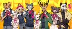  2019 5_fingers anthro antlers beastars bill_(beastars) black_nose bovid brown_eyes canid canine canis caprine cervid clothed clothing domestic_dog dress english_text felid female fingers fur giant_panda gouhin grey_body grey_eyes grey_fur happy haru_(beastars) horn humanoid_hands jack_(beastars) japanese_text juno_(beastars) lagomorph larger_male legosi_(beastars) leporid looking_at_viewer louis_(beastars) male mammal msdk_max multicolored_body multicolored_fur necktie open_mouth pantherine rabbit school_uniform sebun_(beastars) sheep size_difference smaller_female smile standing striped_body striped_fur striped_pants stripes suit teeth text tiger two_tone_body two_tone_fur uniform ursid white_body white_fur wolf 