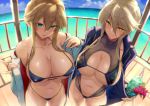  artoria_pendragon_(all) artoria_pendragon_(lancer) artoria_pendragon_(lancer)_alter bikini blonde_hair braids breasts cleavage clouds cropped drink erect_nipples fate/grand_order fate_(series) green_eyes navel open_shirt satou_daiji sky swimsuit water yellow_eyes 