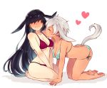  2girls animal_ears ass barefoot bikini black_hair blush dark_skin gray_hair itsumi_mita long_hair original short_hair shoujo_ai swimsuit tail white 