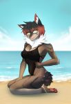  anthro beach big_breasts breasts brown_body brown_fur clothed clothing day detailed_background domestic_cat felid feline felis female fur hair hi_res looking_at_viewer mammal nipples papertriangle sand sea seaside shore sky smile solo solo_focus striped_body striped_fur stripes swimwear water 