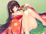  barefoot breasts cleavage fan green headdress japanese_clothes kimono long_hair miko_92 original panties purple_eyes purple_hair underwear 