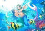  2girls animal ayataka bikini_top blue_eyes blue_hair fish green_hair long_hair mermaid navel original underwater water watermark yellow_eyes 