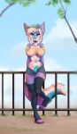  2019 anthro bottomwear breasts canid canine clothed clothing digital_media_(artwork) fox fur gynomorph hair hi_res intersex katfishcom looking_at_viewer mammal one_eye_closed outside park penis shorts simple_background smile solo stock stocks undressed wink 