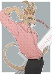  2019 antelope anthro beastars bovid clothed clothing fangs felid gazelle hybrid leopard looking_at_viewer male mammal mask melon_(beastars) msdk_max pantherine smile solo surgical_mask syringe 