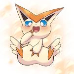  2019 2_toes 3_fingers ambiguous_gender black_nose blue_eyes blush covering ecru embarrassed fangs feral fingers legendary_pok&eacute;mon looking_at_viewer lying mammal nintendo open_mouth pok&eacute;mon pok&eacute;mon_(species) solo toes tongue victini video_games wings 