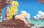  barefoot bikini_top blonde_hair blush clouds hoodie kuroonehalf long_hair original shorts sky water watermark yellow_eyes 