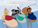  anthro belly big_belly big_breasts black_hair blonde_hair breasts brown_hair clothed clothing dialogue female group hair hi_res huge_breasts hyper hyper_belly hyper_breasts hyper_pregnancy lagomorph leporid long_hair mammal pregnant procyonid rabbit raccoon rodent satsumalord sciurid short_hair smile swimming_pool swimwear 