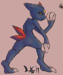  2019 ambiguous_gender blue_body blue_fur butt claws feathers fur hi_res looking_back nintendo pink_nose pok&eacute;mon pok&eacute;mon_(species) rear_view salaciouslx signature simple_background sneasel solo toe_claws video_games 