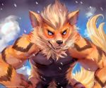  2016 alternate_version_at_source anthro arcanine biceps blue_eyes body_hair canid canine cheetahpaws front_view fur happy_trail looking_at_viewer male mammal muscular muscular_male nintendo nude pok&eacute;mon pok&eacute;mon_(species) pubes sharp_teeth simple_background solo teeth text url video_games 