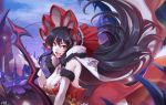  black_hair breasts cleavage clouds dress fang gloves headdress ilya_ornstein long_hair pepsimen princess_connect! red_eyes signed sky 