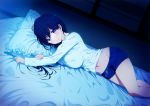  bed blue_hair blush breasts emoi_do long_hair navel original purple_eyes shirt shorts 