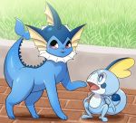  ambiguous_gender blue_eyes duo ecru eeveelution grass nintendo open_mouth outside pok&eacute;mon pok&eacute;mon_(species) purple_eyes size_difference sobble tongue vaporeon video_games 