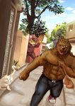  2015 angry anthro brown_body brown_fur canid canine canis cute_fangs detailed_background domestic_cat felid feline felis fur hi_res humanoid_hands luluangel male mammal outside overweight overweight_male pantherine tiger wolf 