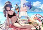  arknights barefoot bikini black_hair cake clouds computer drink food green_eyes headphones itoucon jessica_(arknights) long_hair navel phone ponytail sky swimsuit water 