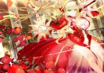  119 blonde_hair braids breasts cleavage dress fate/grand_order fate_(series) flowers green_eyes headband long_hair nero_claudius_(fate) rose sword weapon 