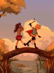  1boy 1girl black_footwear blonde_hair blue_shirt branch brown_footwear brown_hair chayanne child cloud crown dream_smp highres lake mini_crown musical_note real_life shirt skirt sunset sweater tallulah walking waltter_sun 