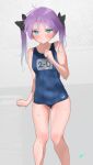  1girl black_ribbon blue_eyes blue_one-piece_swimsuit c@rbon commentary_request feet_out_of_frame flat_chest grey_background hair_ribbon highres hiiragi_kagami long_hair looking_at_viewer lucky_star name_tag old_school_swimsuit one-piece_swimsuit purple_hair ribbon school_swimsuit solo standing swimsuit twintails wet wet_clothes wet_swimsuit 