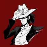  1boy beard closed_mouth collared_shirt cropped_torso facial_hair fan_li fedora fingernails greyscale_with_colored_background hand_hair hat hat_over_one_eye highres jacket jigen_daisuke long_sleeves looking_at_viewer lupin_iii male_focus red_background shirt short_hair solo 