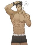  1boy abs bara black_male_underwear boxers bruise bulge hand_in_own_hair highres holding holding_phone injury large_pectorals looking_at_viewer male_focus male_underwear muscular muscular_male na-eun_(ejdbvaaqup08jfy) navel nipples original pectorals phone round_eyewear sanpaku selfie short_hair solo speech_bubble stomach thick_eyebrows thighs topless_male underwear white_background 