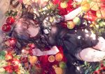  apple blush brown_hair dress drink food fruit gothic long_hair onineko orange_(fruit) original red_eyes see_through tears 