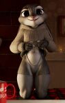 3d_(artwork) anthro clothing digital_media_(artwork) disney female fur grey_body grey_fur hi_res inside judy_hopps lagomorph legwear leporid mammal mug panties presenting purple_eyes rabbit solo solo_focus sweater thick_thighs thigh_highs thirteeenth topwear underwear wool_clothing zootopia