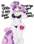 absurd_res aged_up anthro anthrofied bra breasts cleavage clothed clothing cutie_mark dialogue english_text equid equine eyebrows female fingers flutterthrash friendship_is_magic green_eyes hair half-closed_eyes hand_on_hip hand_on_own_hip hasbro hi_res horn long_hair mammal multicolored_hair my_little_pony narrowed_eyes open_mouth panties pink_hair pink_tail portrait purple_hair purple_tail simple_background solo sweetie_belle_(mlp) tail teeth text three-quarter_portrait tongue two_tone_hair two_tone_tail underwear unicorn unicorn_horn white_background white_body wide_hips