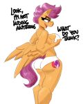 absurd_res aged_up anthro anthrofied bra breasts butt clothed clothing cutie_mark dialogue english_text equid equine eyebrows female fingers flutterthrash friendship_is_magic hair hasbro hi_res mammal my_little_pony open_mouth orange_body panties pegasus portrait purple_eyes purple_hair purple_tail scootaloo_(mlp) simple_background solo standing tail teeth text three-quarter_portrait tongue underwear wings