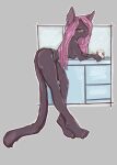 anthro clothed clothing coffee_cup container cup felid feline female green_eyes hair hi_res mammal paws piercing pink_hair solo topless zeligen