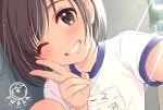  blush brown_eyes brown_hair close gym_uniform original short_hair tsukana_(saba_mizore) waifu2x watermark wink 