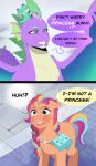 absurd_res aged_up aztrial bag comic dialogue dragon earth_pony english_text equid equine female friendship_is_magic hasbro hi_res horse male mammal membrane_(anatomy) membranous_wings mlp_g5 my_little_pony pony purple_body purple_scales scales shoulder_bag sparky_sparkeroni_(mlp) spike_(mlp) sunny_starscout_(mlp) text wings