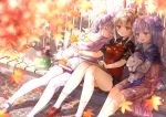  akasaka_asa animal_ears anthropomorphism autumn ayanami_(azur_lane) azur_lane blonde_hair blush book bunny_ears dress drink laffey_(azur_lane) leaves long_hair orange_eyes ponytail purple_eyes purple_hair skirt sleeping thighhighs twintails unicorn_(azur_lane) 