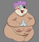 anthro areola big_breasts breasts canid canine canis clothing clown curled_hair digital_drawing_(artwork) digital_media_(artwork) disney domestic_dog double_chin eyebrows eyeliner fan_character female gloves goof_troop grey_background hair handwear hi_res jodero lipstick makeup mammal markings mole_(marking) navel nipples overweight overweight_anthro overweight_female pink_hair prayer_hands pubes shaded simple_background simple_coloring simple_eyes simple_shading smile smiling_at_viewer solo solo_focus thick_outline thick_thighs wide_hips