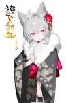  1girl absurdres ahoge animal_ears bag black_kimono fenrir_(fenriluuu) flower fur-trimmed_kimono fur_trim grey_hair hair_flower hair_ornament highres holding holding_bag japanese_clothes kimono looking_at_viewer original pink_eyes red_flower rir-chan simple_background solo translation_request white_background wolf_ears wolf_girl 