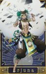  1boy bangle bracelet brown_headband brown_vest chest_tattoo gold_trim green_eyes green_ribbon hair_ribbon hands_up headband jewelry long_hair male_focus ml_(user_egfw7244) navel open_clothes open_vest personification pokemon ribbon tattoo very_long_hair vest whimsicott 