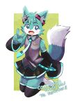 2023 anthro armwear blue_eyes bottomwear canid canine clothed clothing cosplay crossdressing cute_fangs digital_media_(artwork) dipstick_tail english_text fox fur fur_markings gesture hatsune_miku hi_res hony_and_nuts looking_at_viewer male mammal markings necktie open_mouth open_smile roflfox shirt skirt sleeveless_shirt smile solo tail tail_markings text thick_thighs tongue topwear v_sign vocaloid