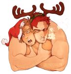  2boys alternate_costume antlers arm_hair bara blonde_hair boku_no_hero_academia breath christmas endeavor_(boku_no_hero_academia) hands_on_another&#039;s_shoulders hat hawks_(boku_no_hero_academia) implied_sex large_pectorals male_focus mature_male multiple_boys muscular muscular_male pectorals pete_(stuckinapit) prone_bone red_headwear reindeer_antlers saliva santa_costume santa_hat short_hair size_difference thick_eyebrows tilted_headwear torogao yaoi 