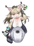  1girl animal_ears bare_shoulders breasts cat_ears cat_girl cat_tail cleavage elbow_gloves extra_ears gloves green_eyes grey_hair highres jungle_cat_(kemono_friends) kemono_friends kemono_friends_v_project large_breasts long_hair looking_at_viewer motor_vehicle official_art pants ribbon shirt simple_background sleeveless sleeveless_shirt solo tail virtual_youtuber yoshizaki_mine 