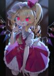  1girl ascot blonde_hair closed_mouth collared_shirt crystal dated fingernails flandre_scarlet gunjou_row hair_between_eyes hat highres long_fingernails long_hair looking_at_viewer mob_cap nail_polish one_side_up puffy_short_sleeves puffy_sleeves red_eyes red_nails red_skirt red_vest sharp_fingernails shirt short_sleeves signature skirt solo tongue tongue_out touhou vest white_headwear white_shirt wings yellow_ascot 