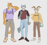 2020 5_fingers anthro beastars bill_(beastars) black_clothing black_footwear black_shoes bovid brown_clothing brown_footwear brown_horn brown_shoes canid canid_kaiba canine canis caprine clothing curved_horn felid fingers footwear full-length_portrait fur goat grey_body grey_fur group hi_res horn legoshi_(beastars) male mammal palms pantherine portrait purple_clothing purple_shirt purple_t-shirt purple_topwear purse red_clothing red_shirt red_topwear shirt shoes simple_background snout solo t-shirt tiger topwear trio white_background white_body white_clothing white_footwear white_fur white_shoes wolf yellow_clothing yellow_shirt yellow_topwear